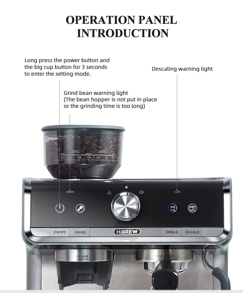 Cafetera HiBREW H7 de 1550 W, cafetera con capacidad de agua de 2,8 L y 19 bares de presión, con taza para latte, prensador de café en polvo y báscula electrónica.
