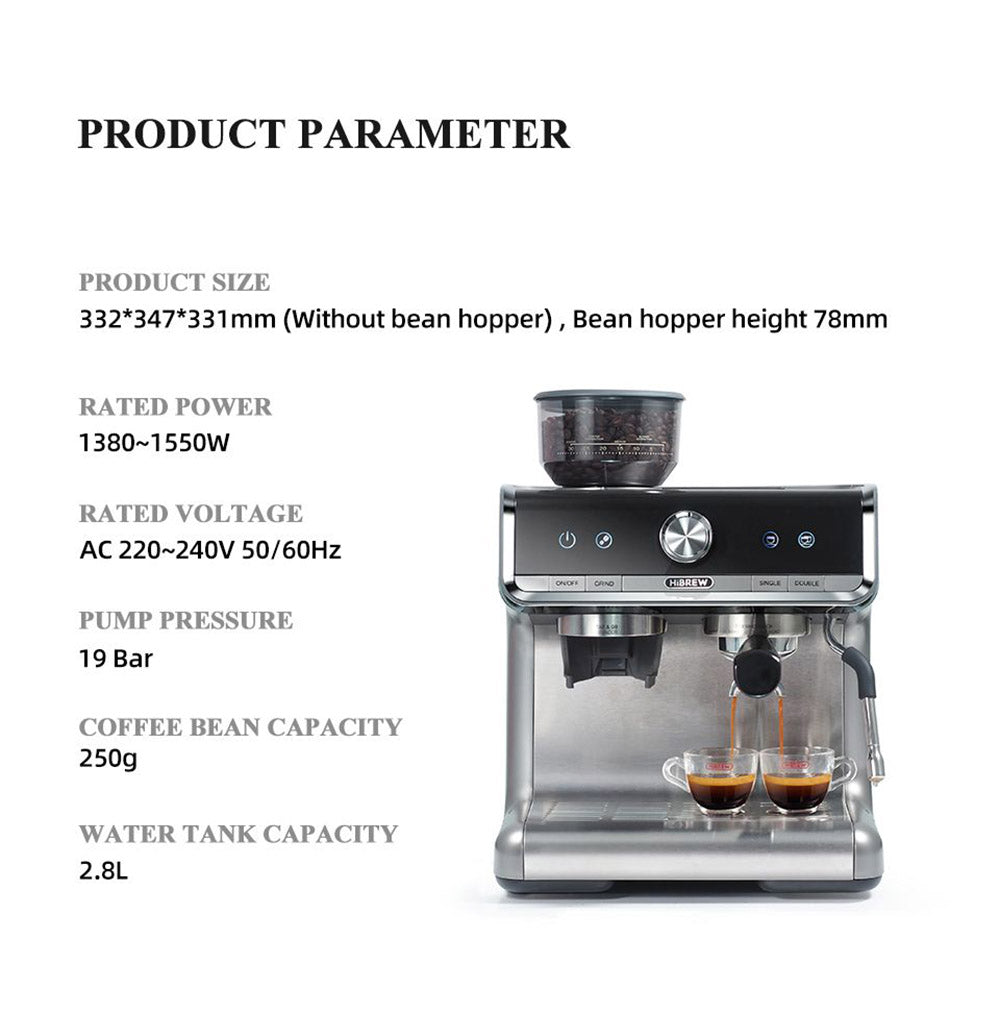 Cafetera HiBREW H7 de 1550 W, cafetera con capacidad de agua de 2,8 L y 19 bares de presión, con taza para latte, prensador de café en polvo y báscula electrónica.