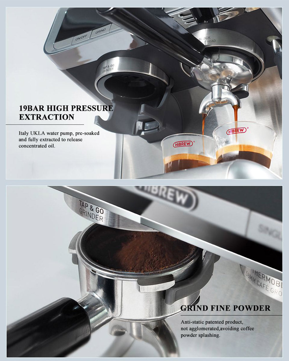 Cafetera HiBREW H7 de 1550 W, cafetera con capacidad de agua de 2,8 L y 19 bares de presión, con taza para latte, prensador de café en polvo y báscula electrónica.