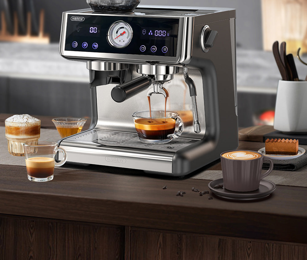 Cafetera Espresso HiBREW H7A, 20 bares de presión, sistema de doble caldera, molinillo con 30 niveles de molienda, capacidad para 250 g de café en grano, pantalla táctil LCD.