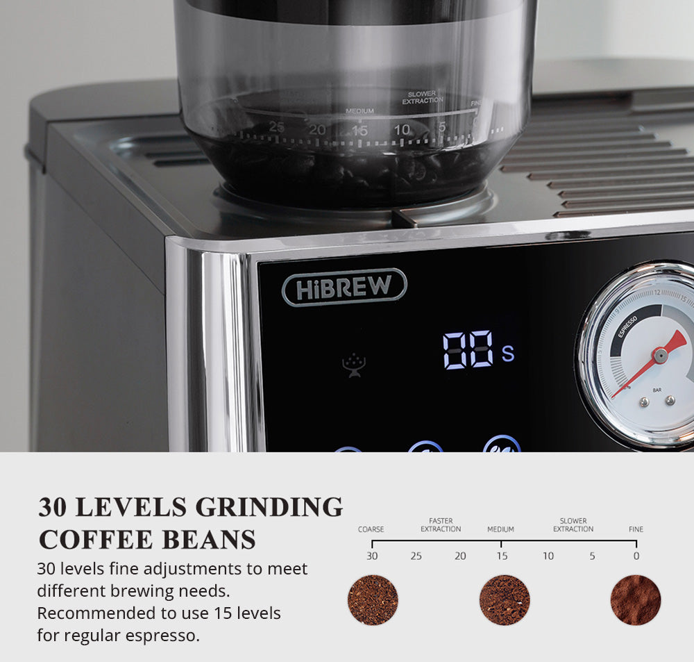Cafetera Espresso HiBREW H7A, 20 bares de presión, sistema de doble caldera, molinillo con 30 niveles de molienda, capacidad para 250 g de café en grano, pantalla táctil LCD.