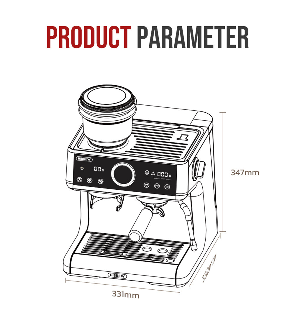 Cafetera Espresso HiBREW H7A, 20 bares de presión, sistema de doble caldera, molinillo con 30 niveles de molienda, capacidad para 250 g de café en grano, pantalla táctil LCD.