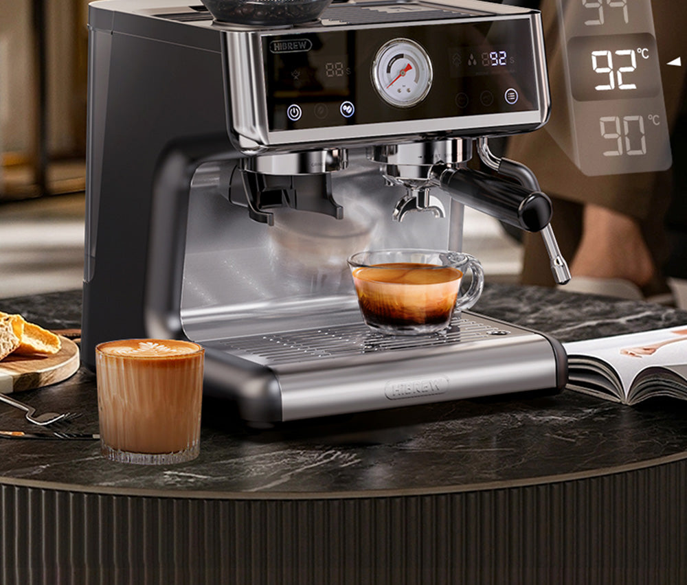 Cafetera Espresso HiBREW H7A, 20 bares de presión, sistema de doble caldera, molinillo con 30 niveles de molienda, capacidad para 250 g de café en grano, pantalla táctil LCD.