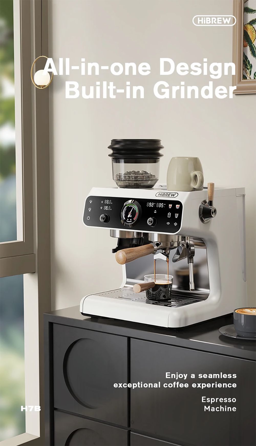 HiBREW H7B Espresso Machine, Dual-heating System, 58mm Portafilter, Built-in Grinder with 30 Size Settings, Touch Screen, for Cafe Hotel Restaurant