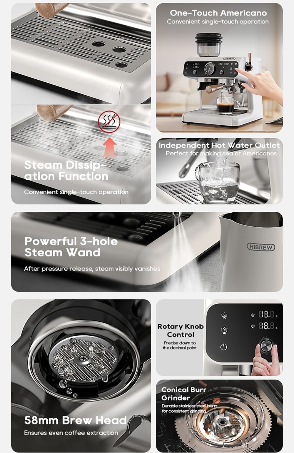 HiBREW H7B Espresso Machine, Dual-heating System, 58mm Portafilter, Built-in Grinder with 30 Size Settings, Touch Screen, for Cafe Hotel Restaurant