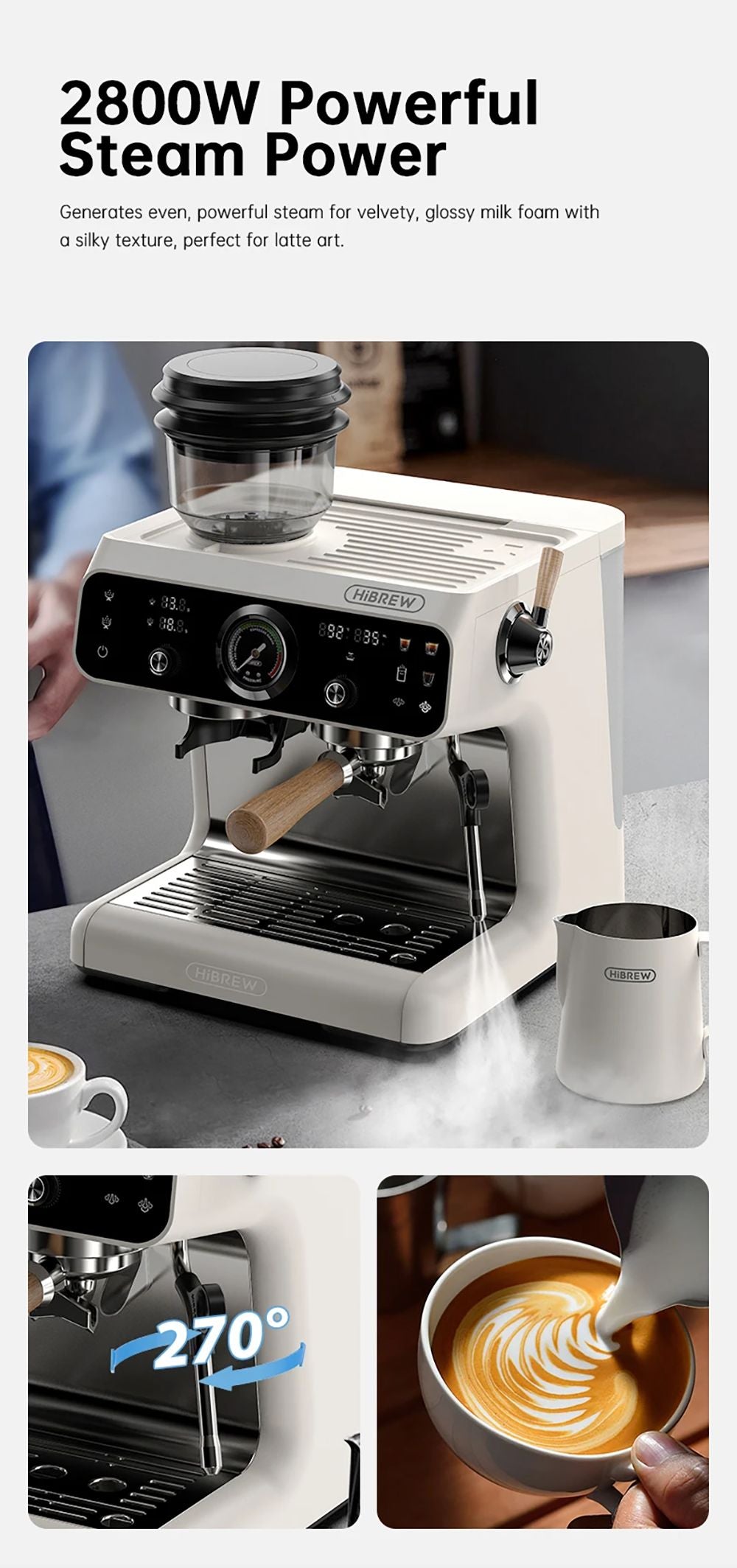 HiBREW H7B Espresso Machine, Dual-heating System, 58mm Portafilter, Built-in Grinder with 30 Size Settings, Touch Screen, for Cafe Hotel Restaurant