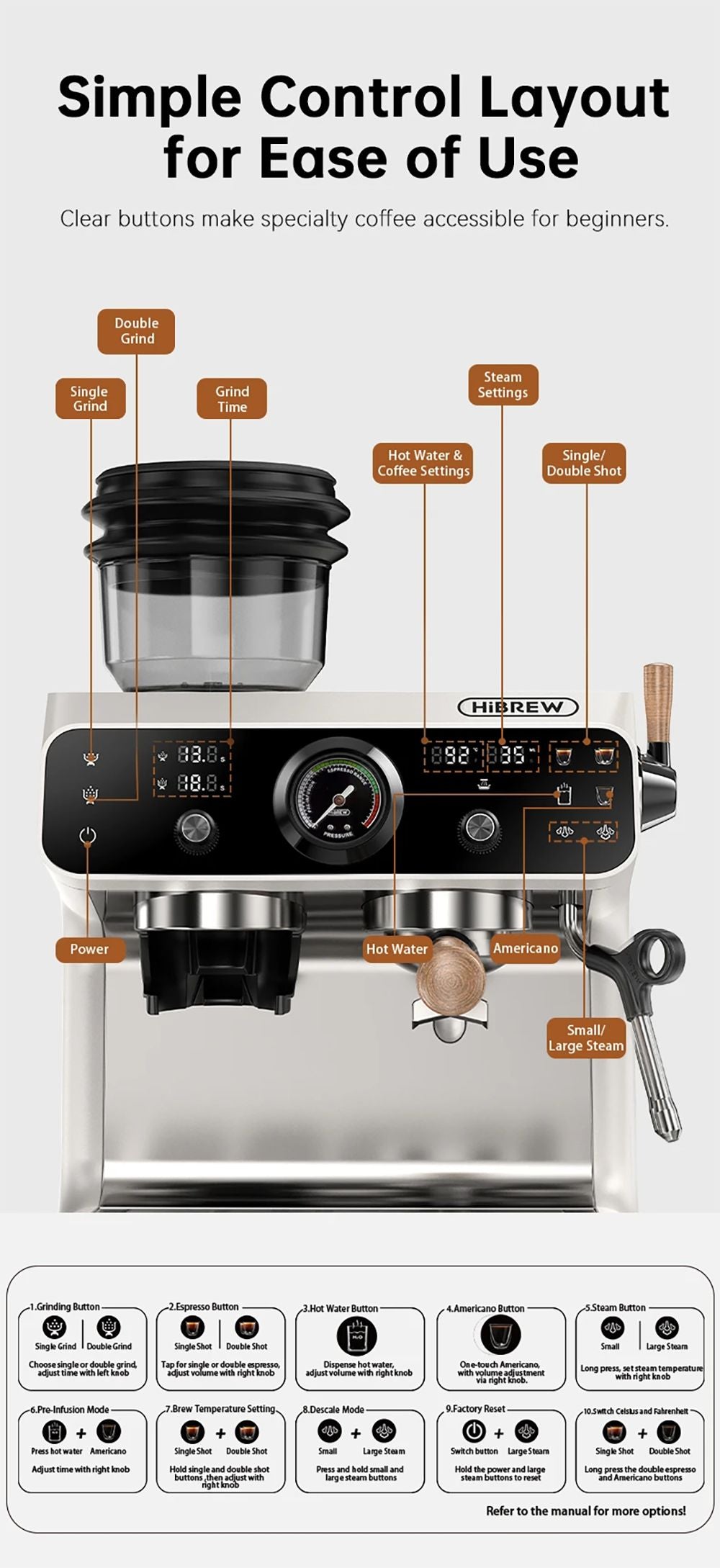 HiBREW H7B Espresso Machine, Dual-heating System, 58mm Portafilter, Built-in Grinder with 30 Size Settings, Touch Screen, for Cafe Hotel Restaurant