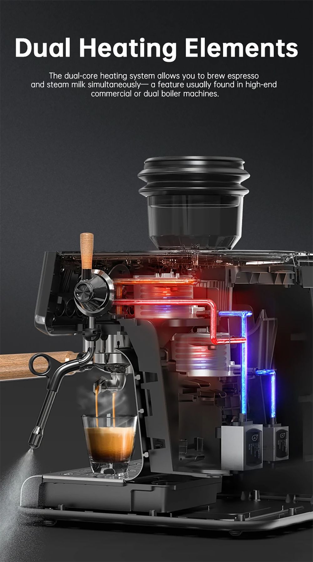 HiBREW H7B Espresso Machine, Dual-heating System, 58mm Portafilter, Built-in Grinder with 30 Size Settings, Touch Screen, for Cafe Hotel Restaurant