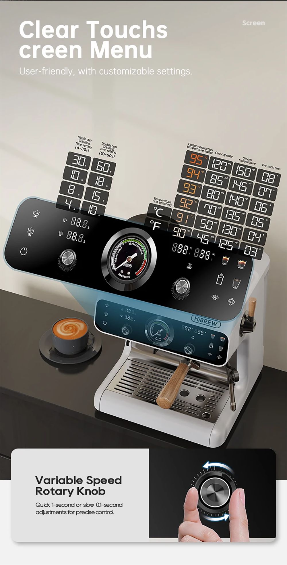 HiBREW H7B Espresso Machine, Dual-heating System, 58mm Portafilter, Built-in Grinder with 30 Size Settings, Touch Screen, for Cafe Hotel Restaurant