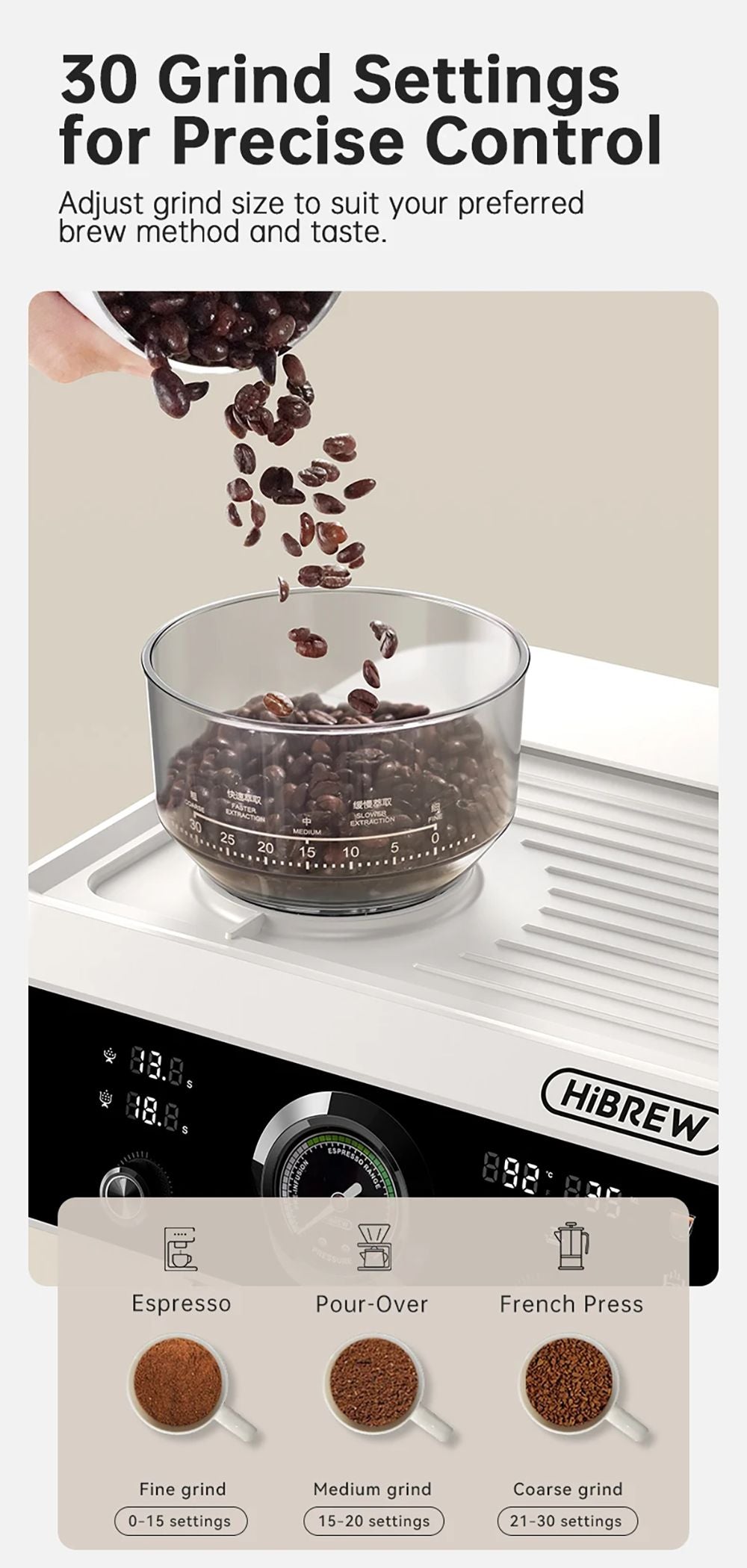 HiBREW H7B Espresso Machine, Dual-heating System, 58mm Portafilter, Built-in Grinder with 30 Size Settings, Touch Screen, for Cafe Hotel Restaurant