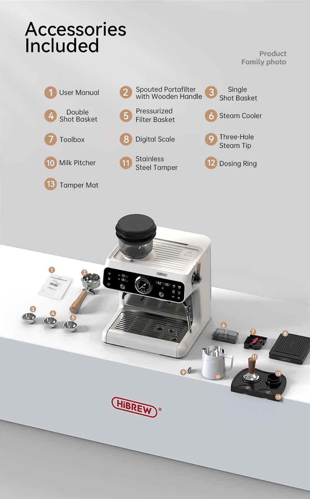 HiBREW H7B Espresso Machine, Dual-heating System, 58mm Portafilter, Built-in Grinder with 30 Size Settings, Touch Screen, for Cafe Hotel Restaurant