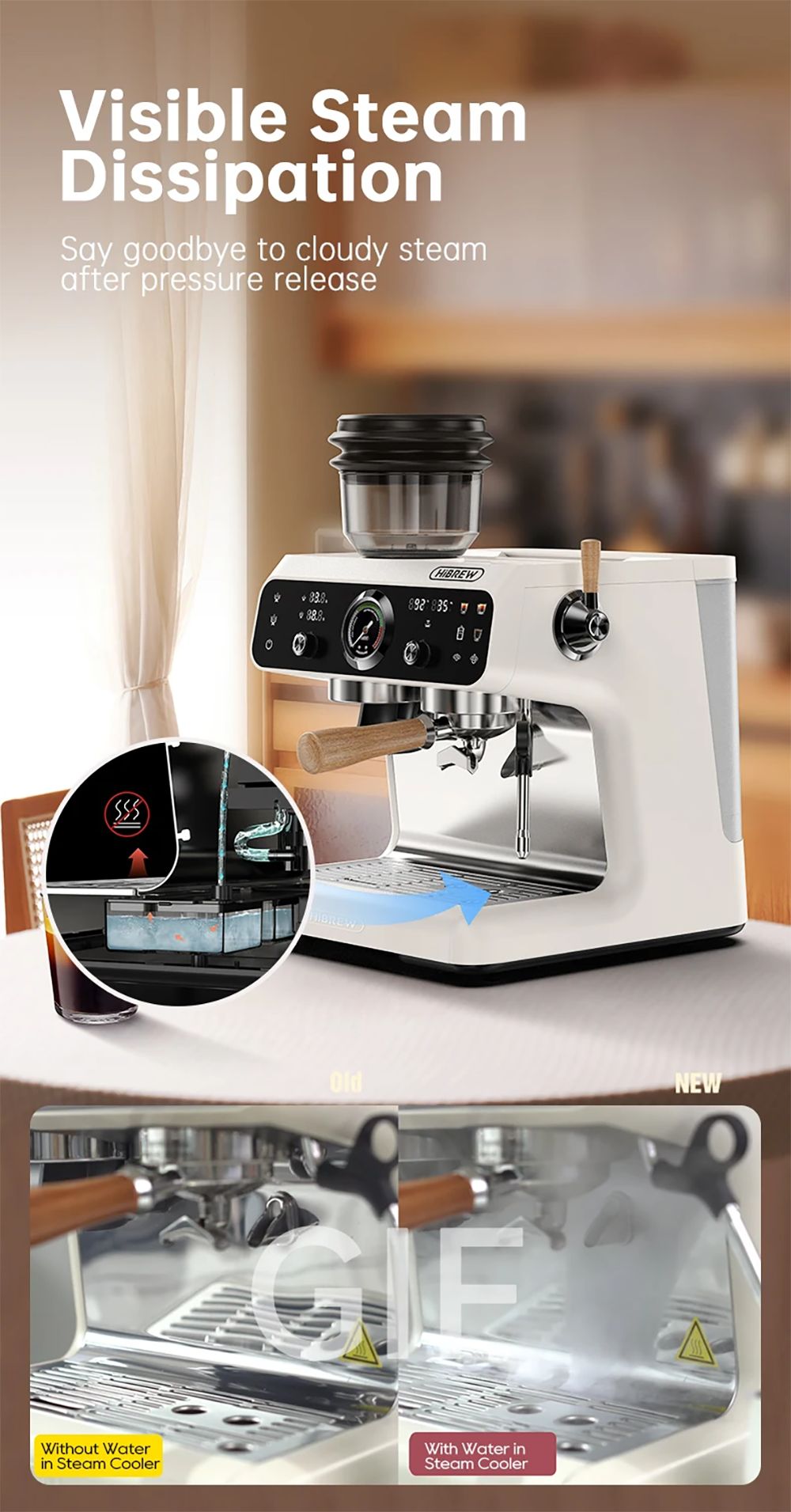 HiBREW H7B Espresso Machine, Dual-heating System, 58mm Portafilter, Built-in Grinder with 30 Size Settings, Touch Screen, for Cafe Hotel Restaurant