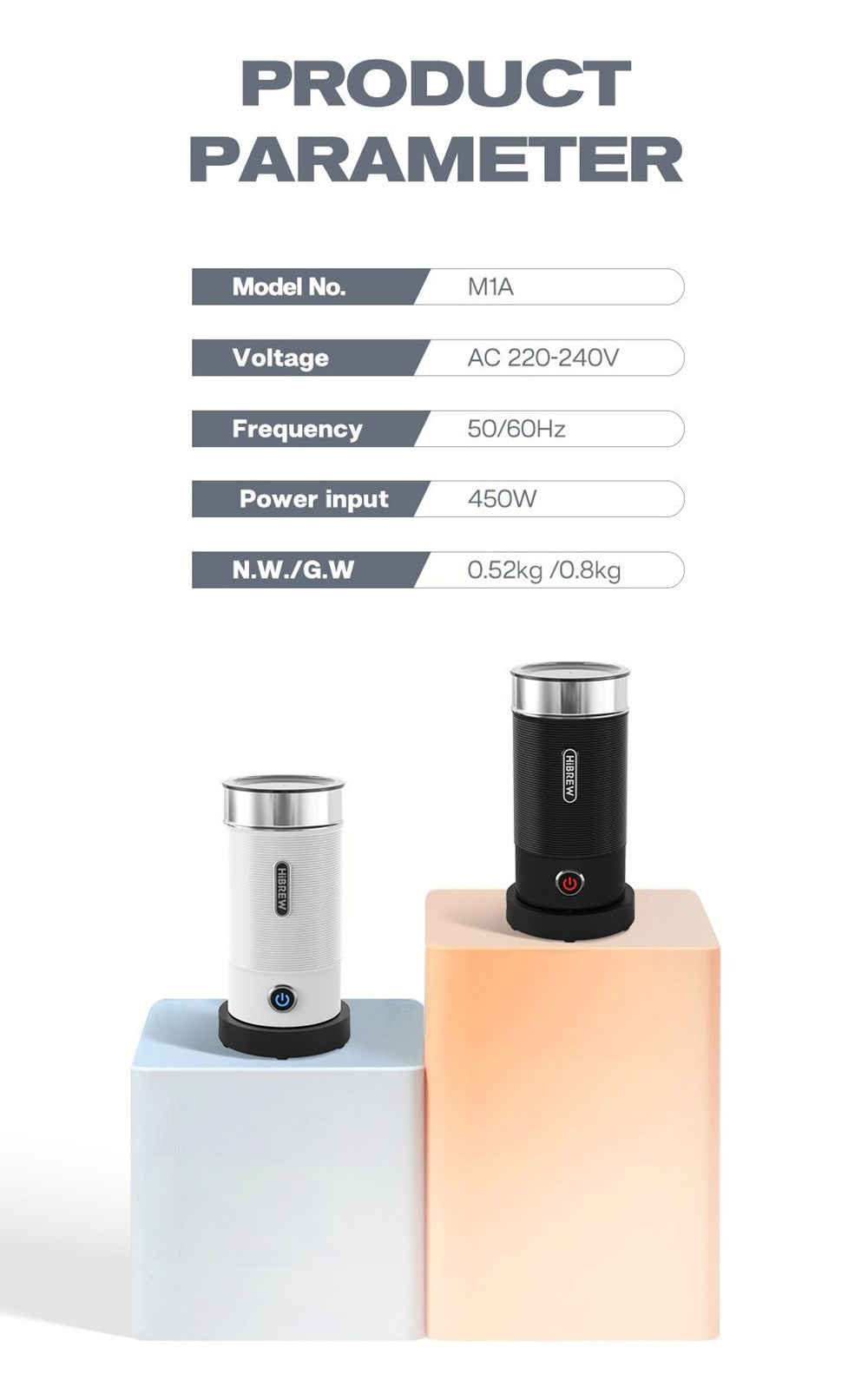 HiBREW M1A 450W Milk Frother Foaming Machine, Chocolate Mixer Cold/Hot Latte Cappuccino, Fully Auto Milk Warmer - Black