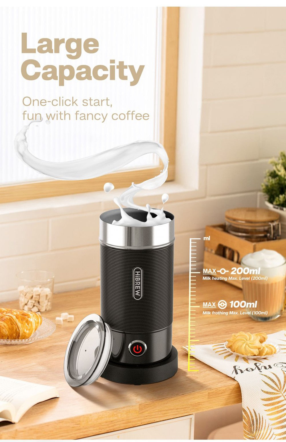 HiBREW M1A 450W Milk Frother Foaming Machine, Chocolate Mixer Cold/Hot Latte Cappuccino, Fully Auto Milk Warmer - Black