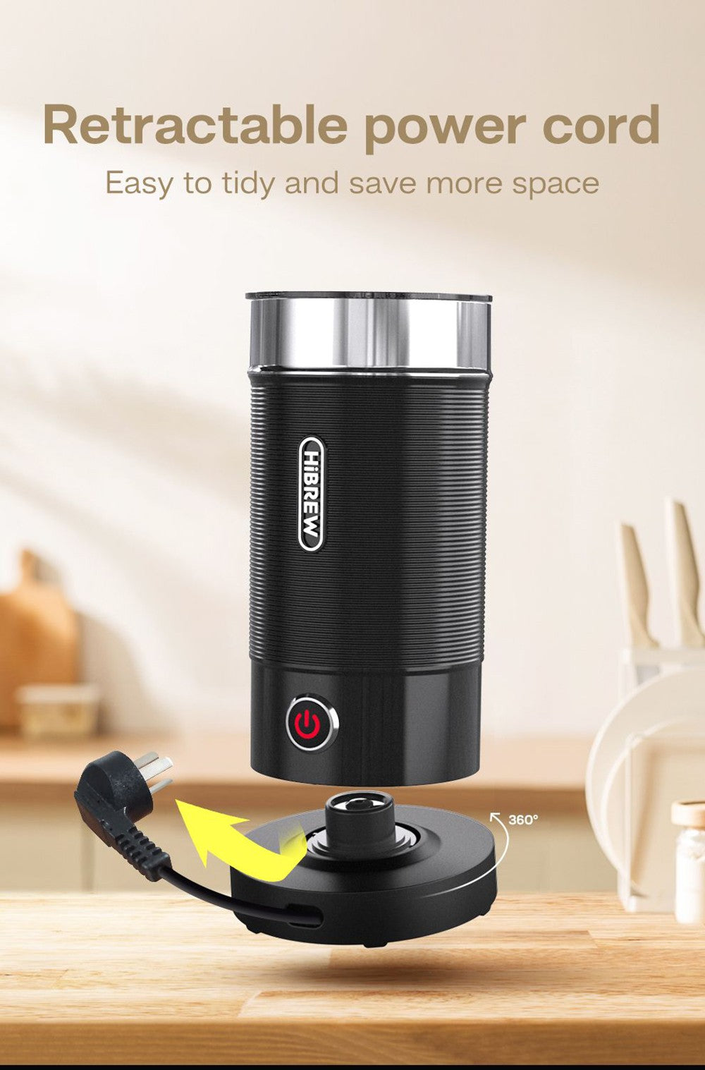 HiBREW M1A 450W Milk Frother Foaming Machine, Chocolate Mixer Cold/Hot Latte Cappuccino, Fully Auto Milk Warmer - Black