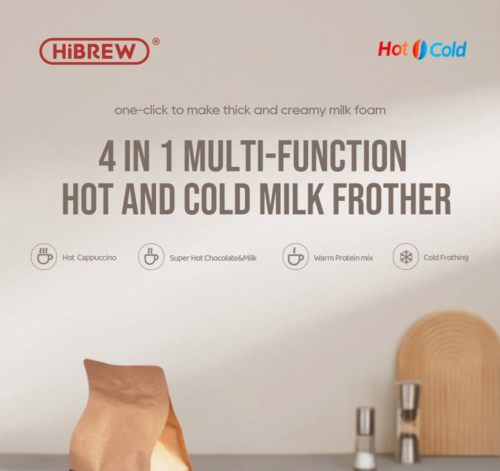HiBREW M3A Espumador de Leche 4 en 1, Calentador de Leche Totalmente Automático, Espumado Frío/Caliente, Capacidad de Espumado de 130 ml, Capacidad de Calentamiento de Leche de 300 ml