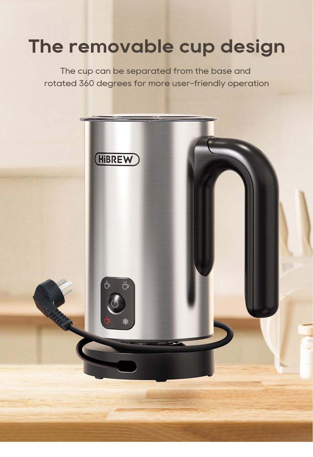 HiBREW M3A Espumador de Leche 4 en 1, Calentador de Leche Totalmente Automático, Espumado Frío/Caliente, Capacidad de Espumado de 130 ml, Capacidad de Calentamiento de Leche de 300 ml