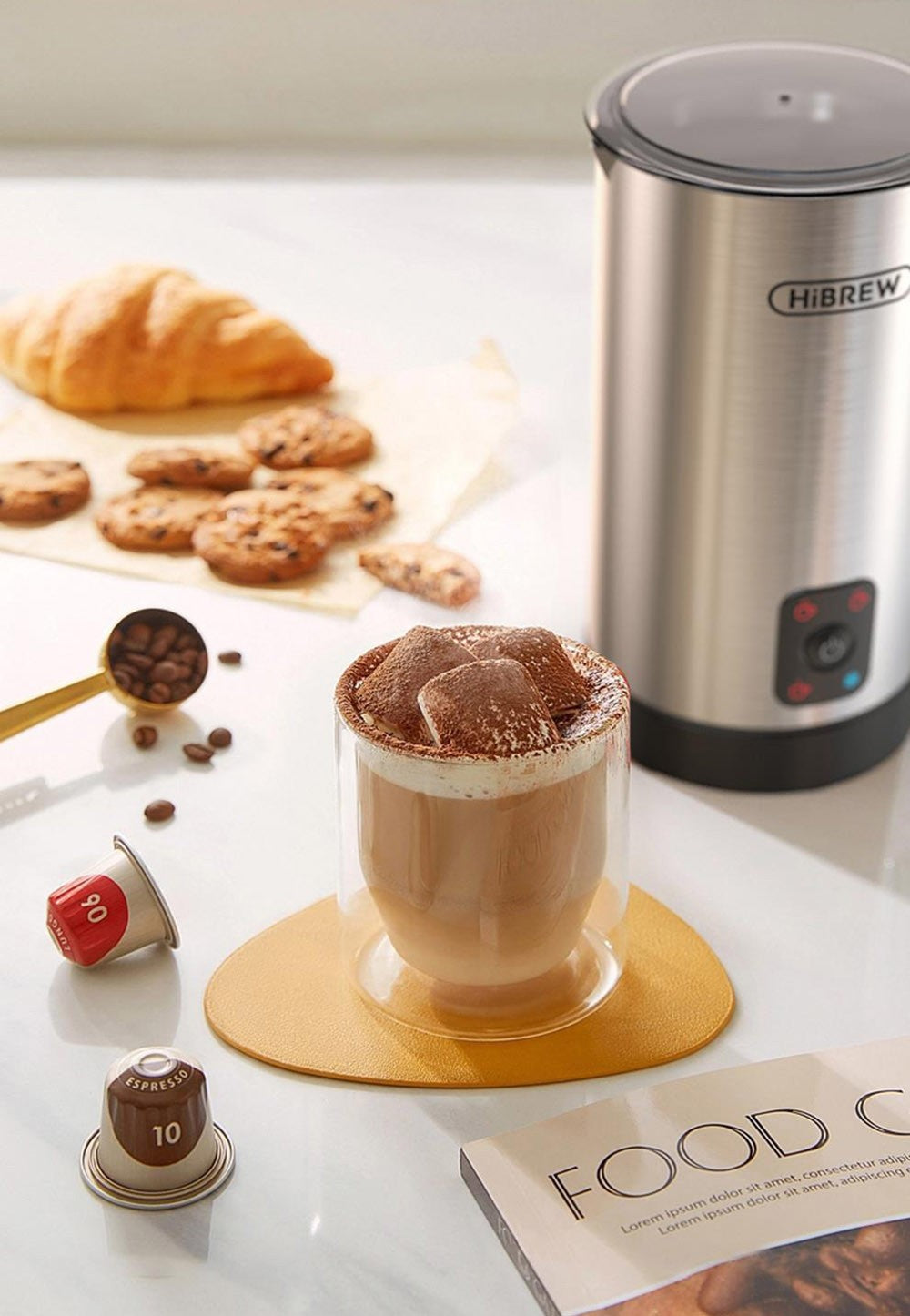 HiBREW M3A Espumador de Leche 4 en 1, Calentador de Leche Totalmente Automático, Espumado Frío/Caliente, Capacidad de Espumado de 130 ml, Capacidad de Calentamiento de Leche de 300 ml