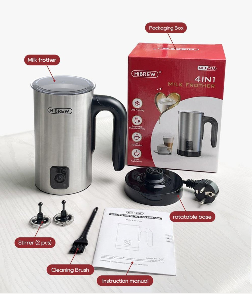 HiBREW M3A Espumador de Leche 4 en 1, Calentador de Leche Totalmente Automático, Espumado Frío/Caliente, Capacidad de Espumado de 130 ml, Capacidad de Calentamiento de Leche de 300 ml