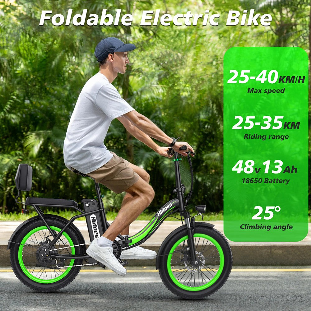Hidoes C1 Electric Bike with Rear Seat, 750W Motor, 48V 13Ah Battery, 20*3-inch Fat Tire, 40km/h Max Speed, 70km Range, Front & Rear Disc Brake