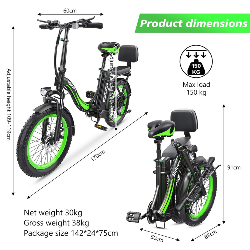 Hidoes C1 Electric Bike with Rear Seat, 750W Motor, 48V 13Ah Battery, 20*3-inch Fat Tire, 40km/h Max Speed, 70km Range, Front & Rear Disc Brake