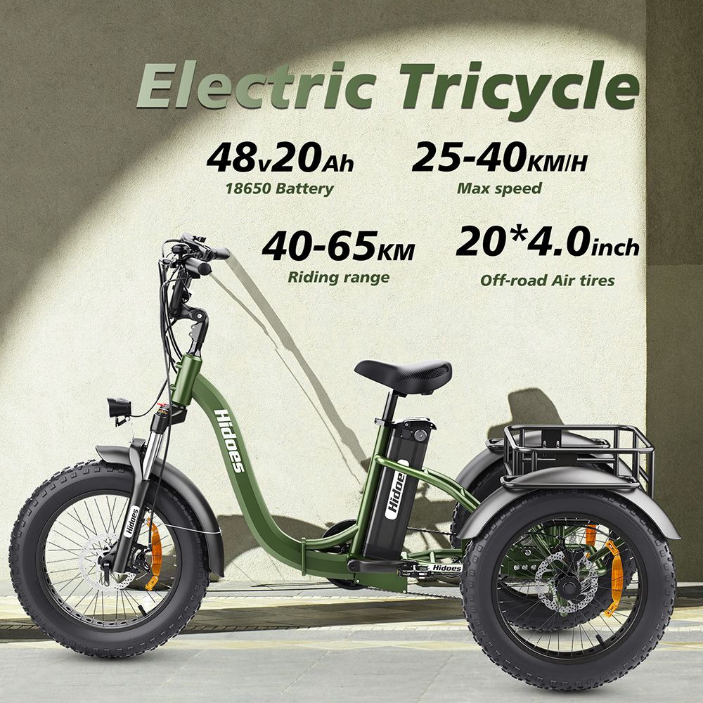 Hidoes HD-ET1 Elektrodreirad mit Gepäckträger, 750-W-Motor, 48-V-20-Ah-Akku, 20 x 4,0-Zoll-Reifen, 40 km/h Höchstgeschwindigkeit, 65 km Reichweite, 3 mechanischen Scheibenbremsen, Federgabel vorne, 7-Gang-Getriebe