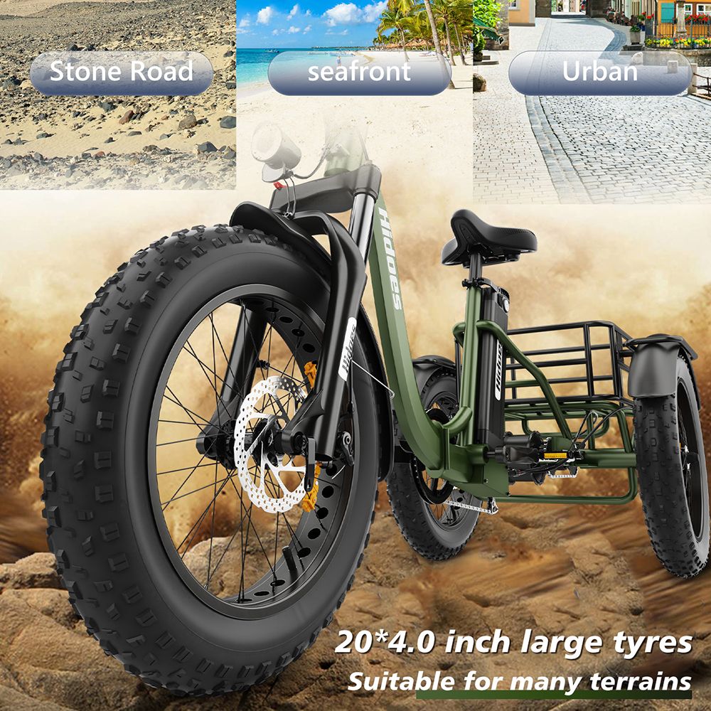 Hidoes HD-ET1 Elektrodreirad mit Gepäckträger, 750-W-Motor, 48-V-20-Ah-Akku, 20 x 4,0-Zoll-Reifen, 40 km/h Höchstgeschwindigkeit, 65 km Reichweite, 3 mechanischen Scheibenbremsen, Federgabel vorne, 7-Gang-Getriebe