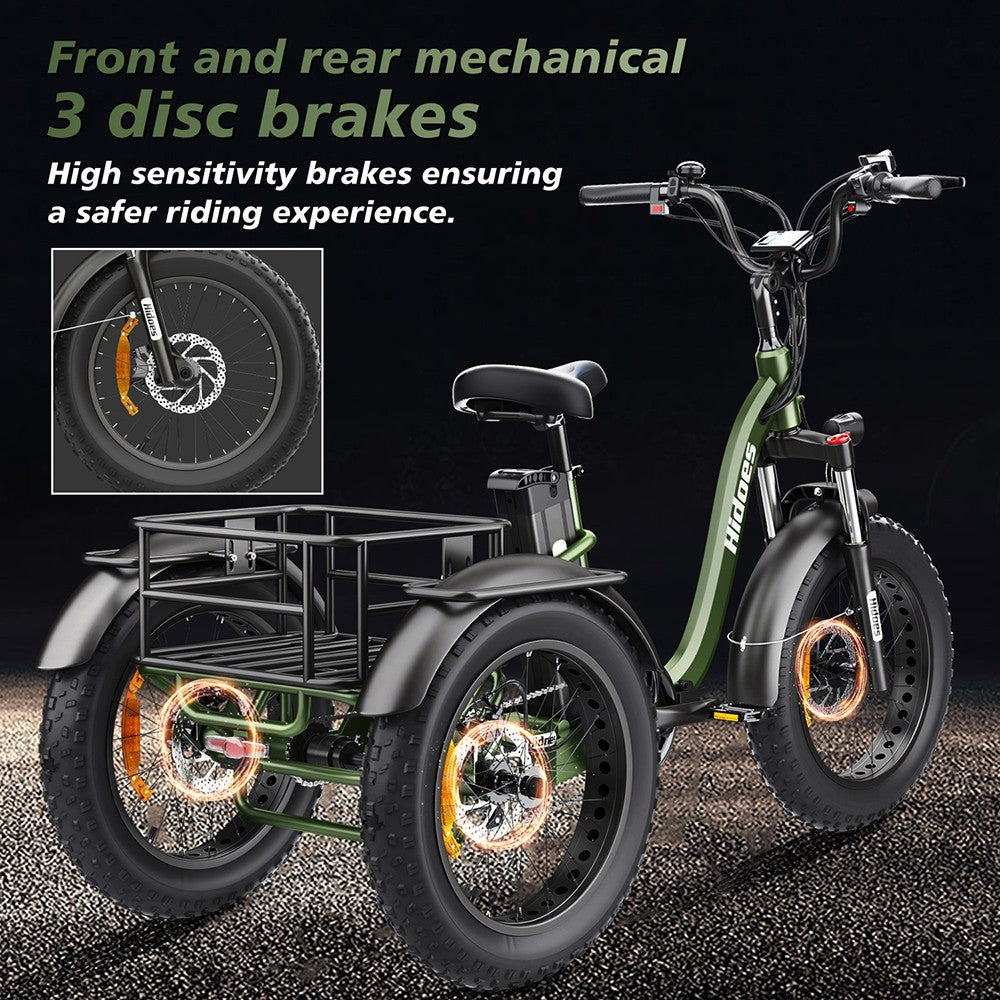 Hidoes HD-ET1 Elektrodreirad mit Gepäckträger, 750-W-Motor, 48-V-20-Ah-Akku, 20 x 4,0-Zoll-Reifen, 40 km/h Höchstgeschwindigkeit, 65 km Reichweite, 3 mechanischen Scheibenbremsen, Federgabel vorne, 7-Gang-Getriebe