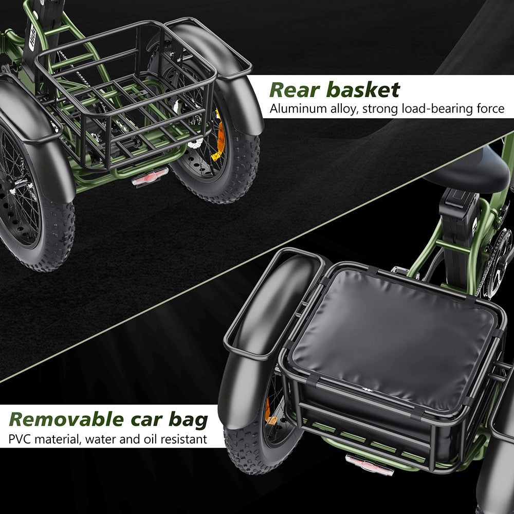 Hidoes HD-ET1 Elektrodreirad mit Gepäckträger, 750-W-Motor, 48-V-20-Ah-Akku, 20 x 4,0-Zoll-Reifen, 40 km/h Höchstgeschwindigkeit, 65 km Reichweite, 3 mechanischen Scheibenbremsen, Federgabel vorne, 7-Gang-Getriebe