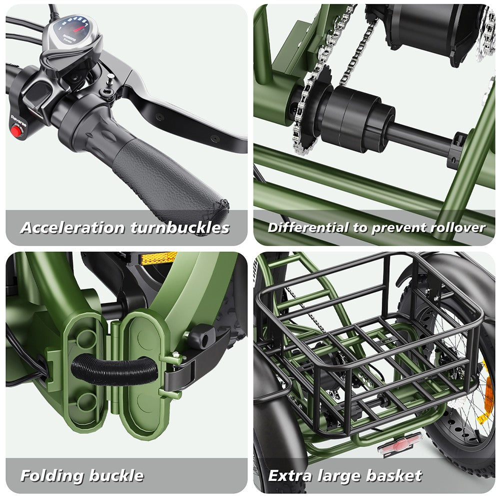 Hidoes HD-ET1 Elektrodreirad mit Gepäckträger, 750-W-Motor, 48-V-20-Ah-Akku, 20 x 4,0-Zoll-Reifen, 40 km/h Höchstgeschwindigkeit, 65 km Reichweite, 3 mechanischen Scheibenbremsen, Federgabel vorne, 7-Gang-Getriebe