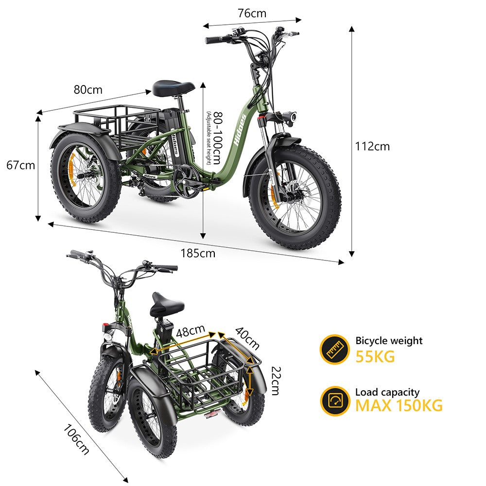 Hidoes HD-ET1 Elektrodreirad mit Gepäckträger, 750-W-Motor, 48-V-20-Ah-Akku, 20 x 4,0-Zoll-Reifen, 40 km/h Höchstgeschwindigkeit, 65 km Reichweite, 3 mechanischen Scheibenbremsen, Federgabel vorne, 7-Gang-Getriebe