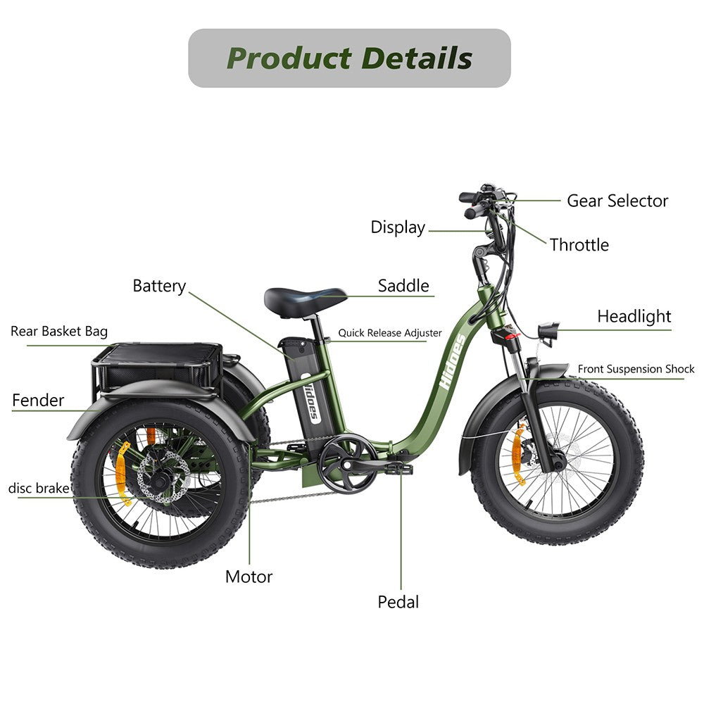 Hidoes HD-ET1 Elektrodreirad mit Gepäckträger, 750-W-Motor, 48-V-20-Ah-Akku, 20 x 4,0-Zoll-Reifen, 40 km/h Höchstgeschwindigkeit, 65 km Reichweite, 3 mechanischen Scheibenbremsen, Federgabel vorne, 7-Gang-Getriebe