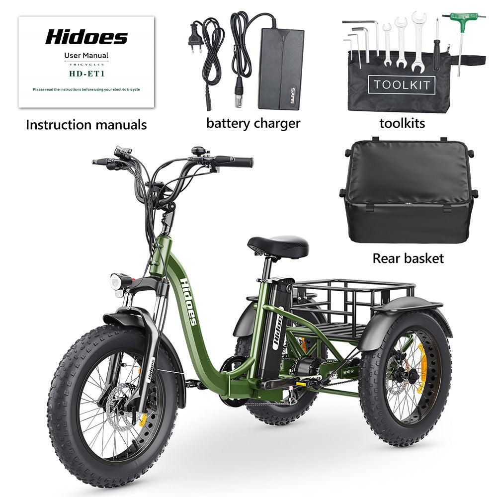 Hidoes HD-ET1 Elektrodreirad mit Gepäckträger, 750-W-Motor, 48-V-20-Ah-Akku, 20 x 4,0-Zoll-Reifen, 40 km/h Höchstgeschwindigkeit, 65 km Reichweite, 3 mechanischen Scheibenbremsen, Federgabel vorne, 7-Gang-Getriebe