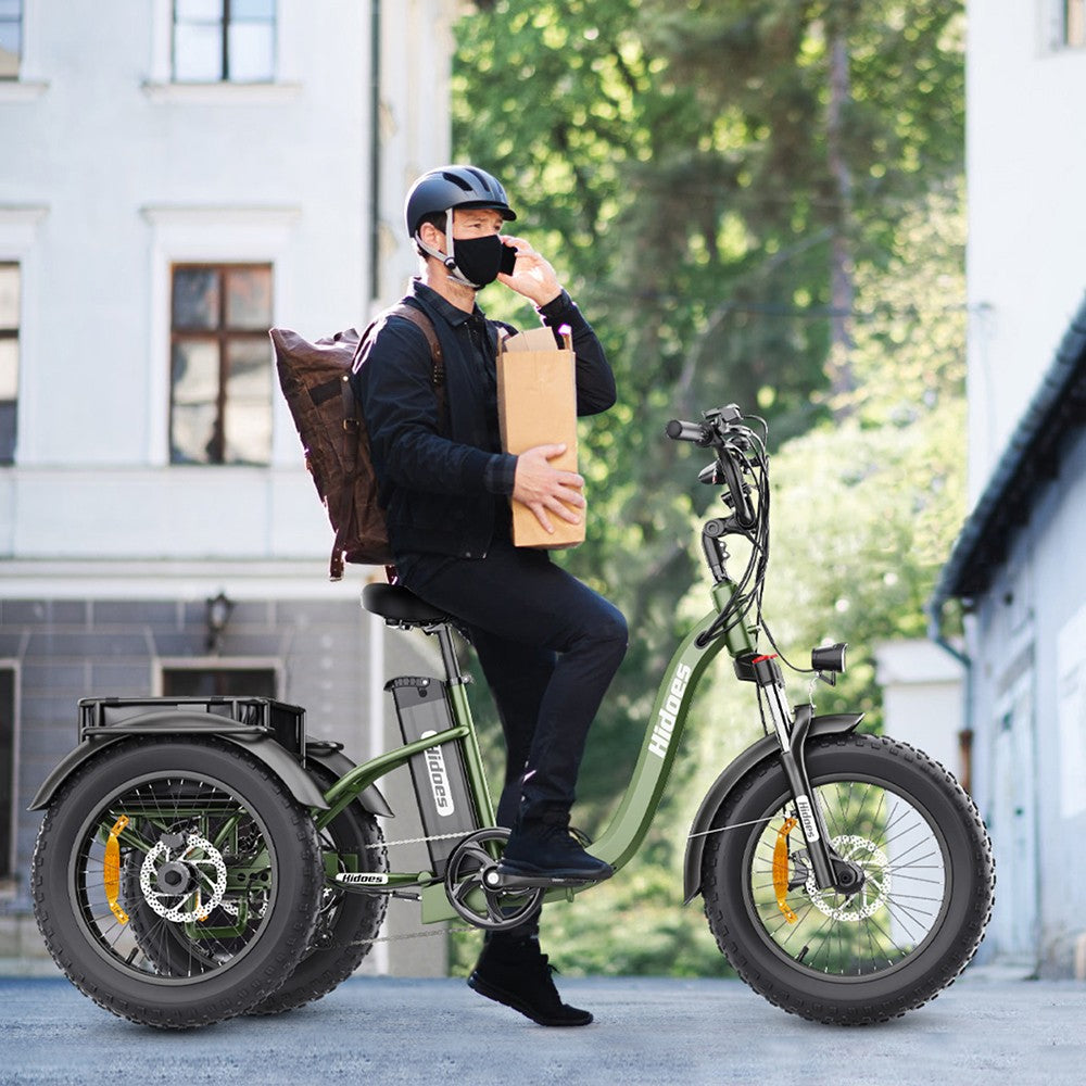 Hidoes HD-ET1 Elektrodreirad mit Gepäckträger, 750-W-Motor, 48-V-20-Ah-Akku, 20 x 4,0-Zoll-Reifen, 40 km/h Höchstgeschwindigkeit, 65 km Reichweite, 3 mechanischen Scheibenbremsen, Federgabel vorne, 7-Gang-Getriebe
