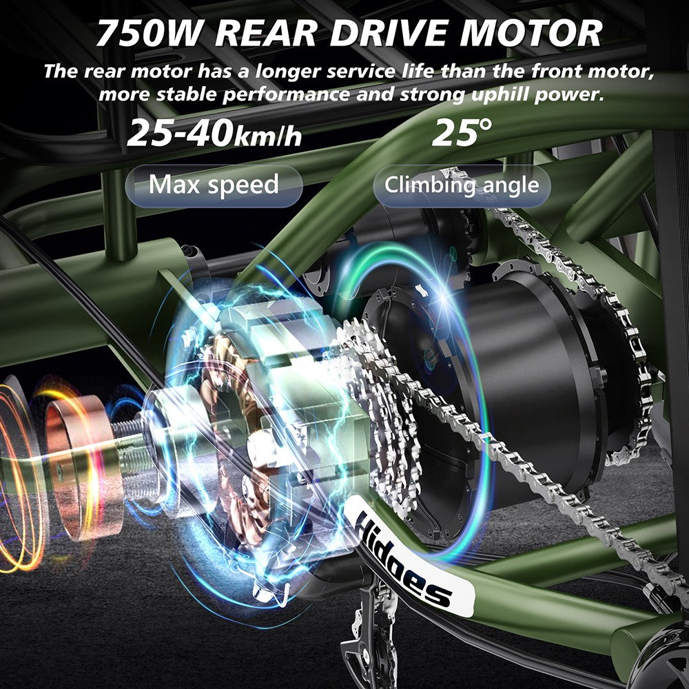 Hidoes HD-ET1 Elektrodreirad mit Gepäckträger, 750-W-Motor, 48-V-20-Ah-Akku, 20 x 4,0-Zoll-Reifen, 40 km/h Höchstgeschwindigkeit, 65 km Reichweite, 3 mechanischen Scheibenbremsen, Federgabel vorne, 7-Gang-Getriebe