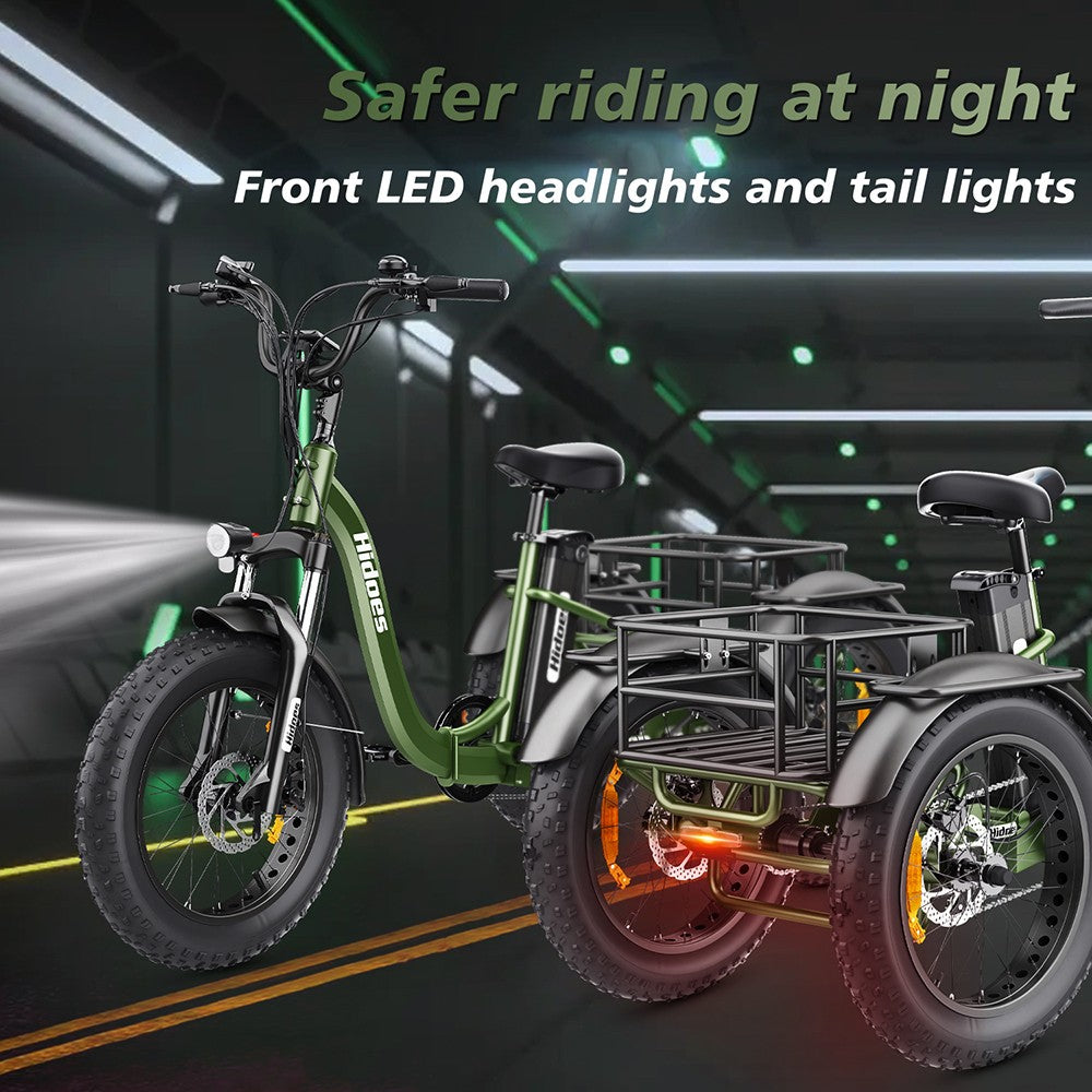 Hidoes HD-ET1 Elektrodreirad mit Gepäckträger, 750-W-Motor, 48-V-20-Ah-Akku, 20 x 4,0-Zoll-Reifen, 40 km/h Höchstgeschwindigkeit, 65 km Reichweite, 3 mechanischen Scheibenbremsen, Federgabel vorne, 7-Gang-Getriebe