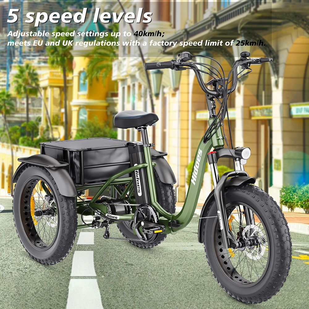 Hidoes HD-ET1 Elektrodreirad mit Gepäckträger, 750-W-Motor, 48-V-20-Ah-Akku, 20 x 4,0-Zoll-Reifen, 40 km/h Höchstgeschwindigkeit, 65 km Reichweite, 3 mechanischen Scheibenbremsen, Federgabel vorne, 7-Gang-Getriebe