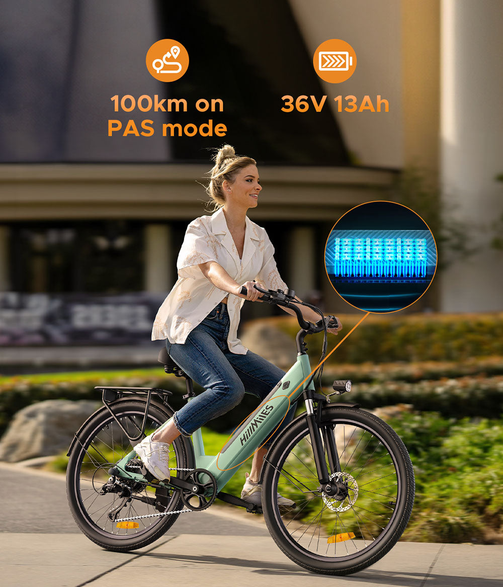 Bicicleta eléctrica HillMiles MileCity1, motor de 250 W, batería de 36 V 13 Ah, neumático de 26 pulgadas, velocidad máxima de 32 km/h, autonomía máxima de 100 km, Shimano de 7 velocidades, freno de disco mecánico, suspensión delantera, impermeable IP65 - Gris