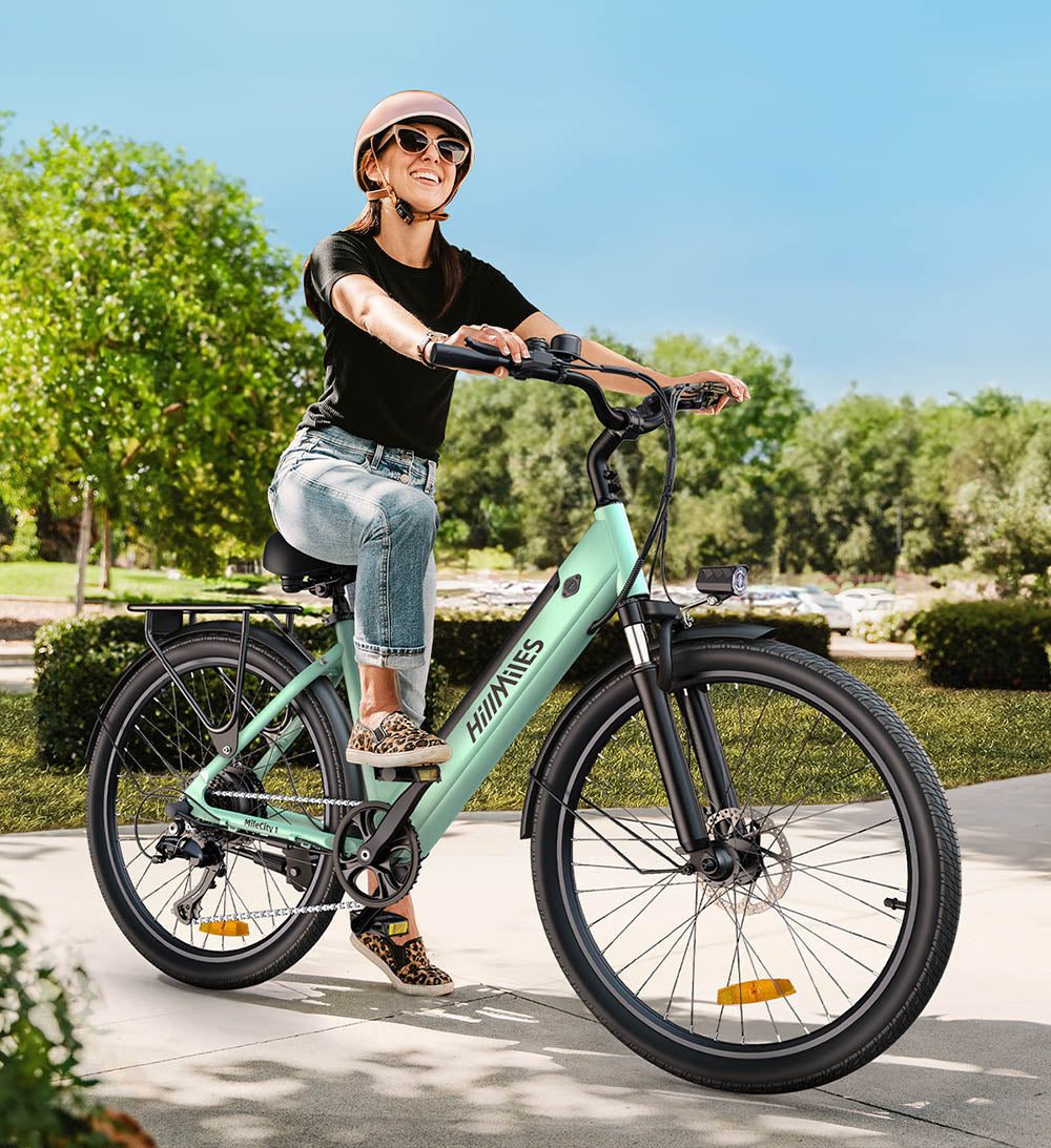 Bicicleta eléctrica HillMiles MileCity1, motor de 250 W, batería de 36 V 13 Ah, neumático de 26 pulgadas, velocidad máxima de 32 km/h, autonomía máxima de 100 km, Shimano de 7 velocidades, freno de disco mecánico, suspensión delantera, impermeable IP65 - Gris