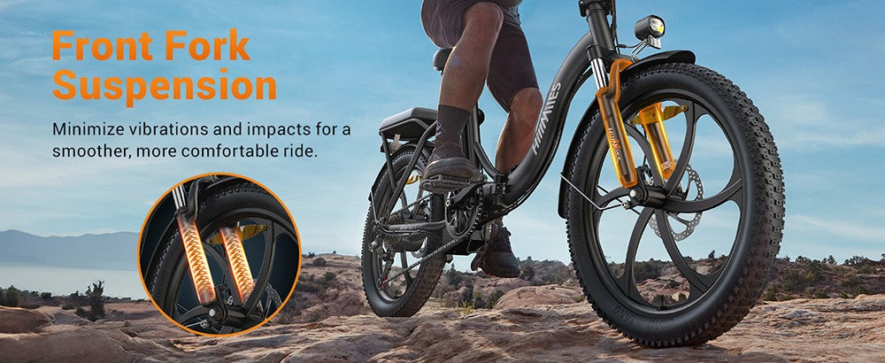 Bicicleta eléctrica HillMiles MilePort 1, motor de 250 W, batería de 36 V y 13 Ah, neumático de 20 x 3,0 pulgadas, velocidad máxima de 25 km/h, autonomía máxima de 100 km, suspensión delantera, freno de disco mecánico, Shimano de 7 velocidades - Rojo