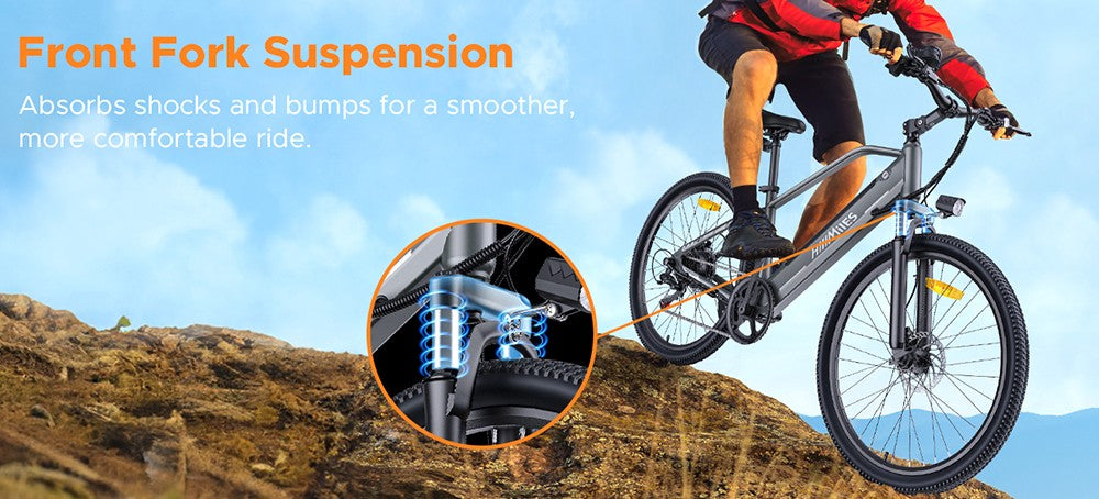 Bicicleta Eléctrica HillMiles MileTrail 1, Motor de 250W, Batería de 36V 13Ah, Neumáticos de 26*1.95 pulgadas, Velocidad Máxima de 25 km/h, Alcance Máximo de 120 km, Frenos de Disco Hidráulicos, Suspensión de Horquilla Delantera, Cambiador de 7 Velocidades - Gris