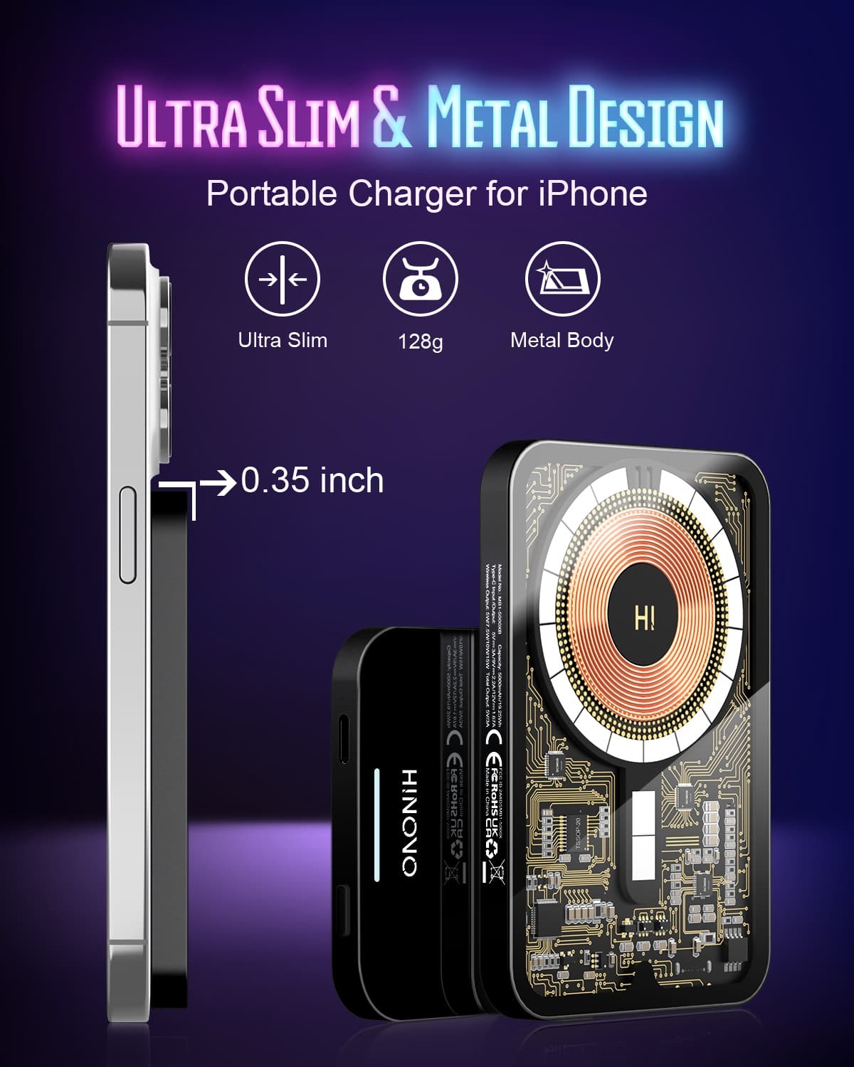 HINOVO MB1-5000xb Wireless Portable Charger, 5000mAh Magnetic Wireless Power Bank, PD 20W Fast Charging, Cyberpunk Style