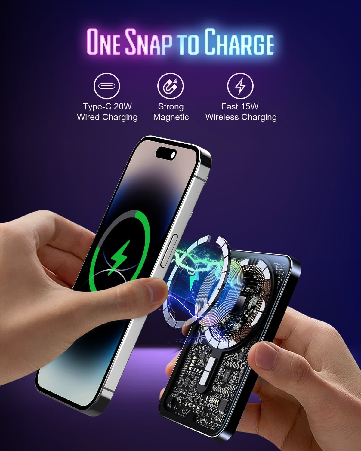 HINOVO MB1-5000xb Wireless Portable Charger, 5000mAh Magnetic Wireless Power Bank, PD 20W Fast Charging, Cyberpunk Style