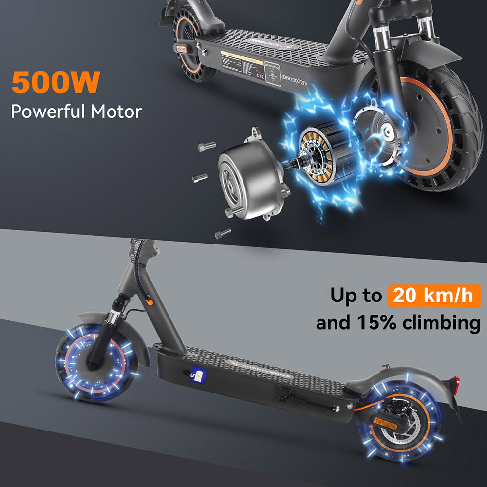 Patinete eléctrico HONEY WHALE E9 MAX, motor de 500 W, batería de 36 V 10 Ah, neumático de 10 pulgadas, velocidad máxima de 20 km/h, autonomía de 35-40 km, freno mecánico y freno electrónico, certificación ABE.