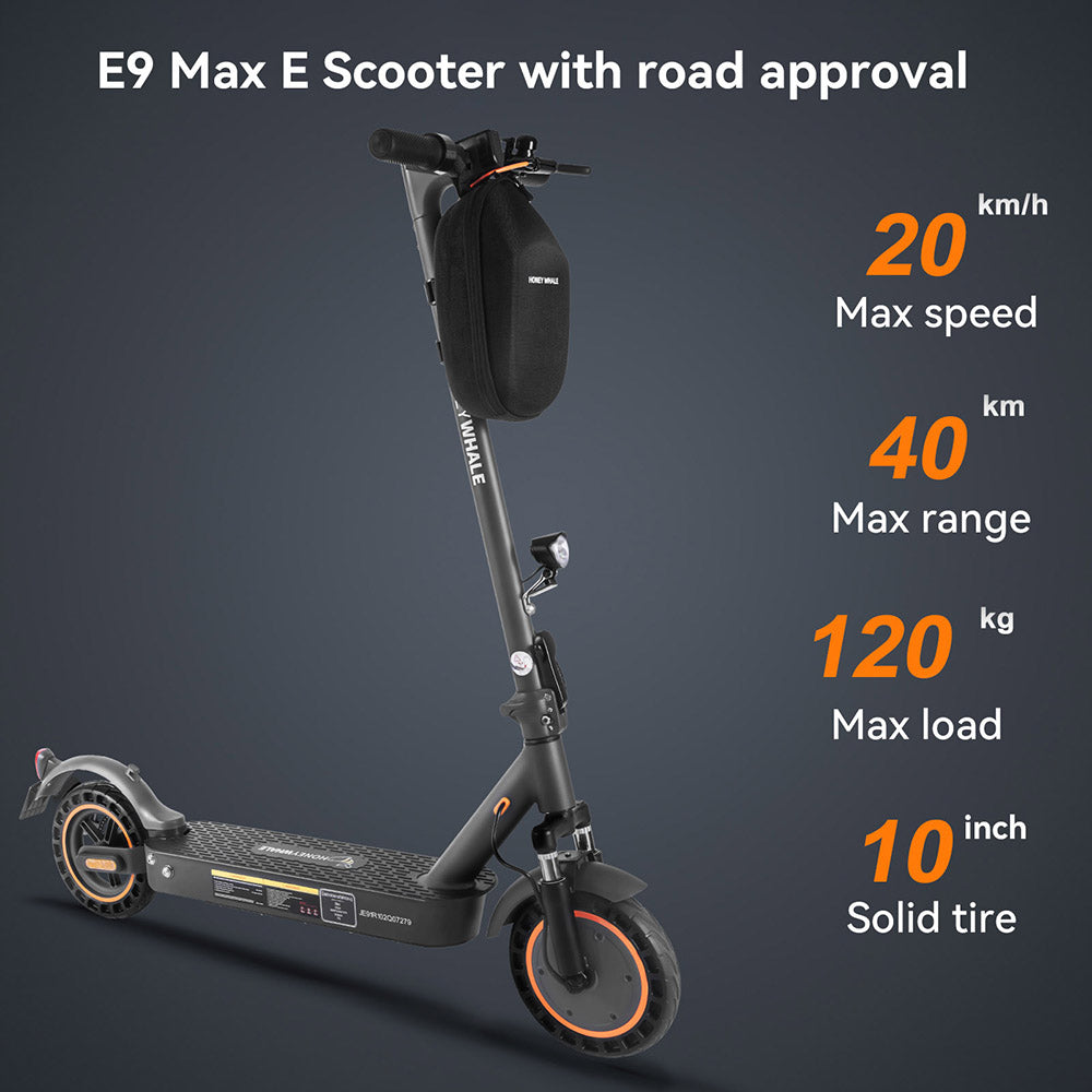 Patinete eléctrico HONEY WHALE E9 MAX, motor de 500 W, batería de 36 V 10 Ah, neumático de 10 pulgadas, velocidad máxima de 20 km/h, autonomía de 35-40 km, freno mecánico y freno electrónico, certificación ABE.