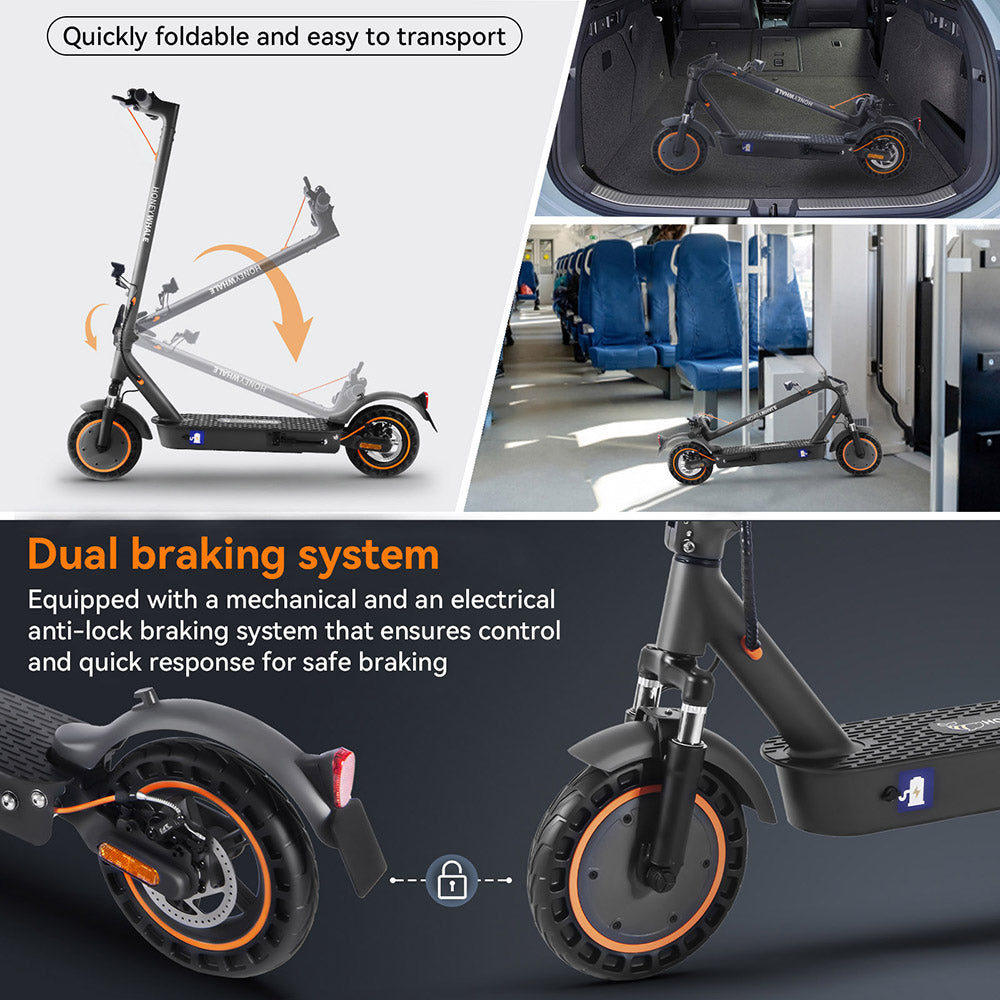 Patinete eléctrico HONEY WHALE E9 MAX, motor de 500 W, batería de 36 V 10 Ah, neumático de 10 pulgadas, velocidad máxima de 20 km/h, autonomía de 35-40 km, freno mecánico y freno electrónico, certificación ABE.