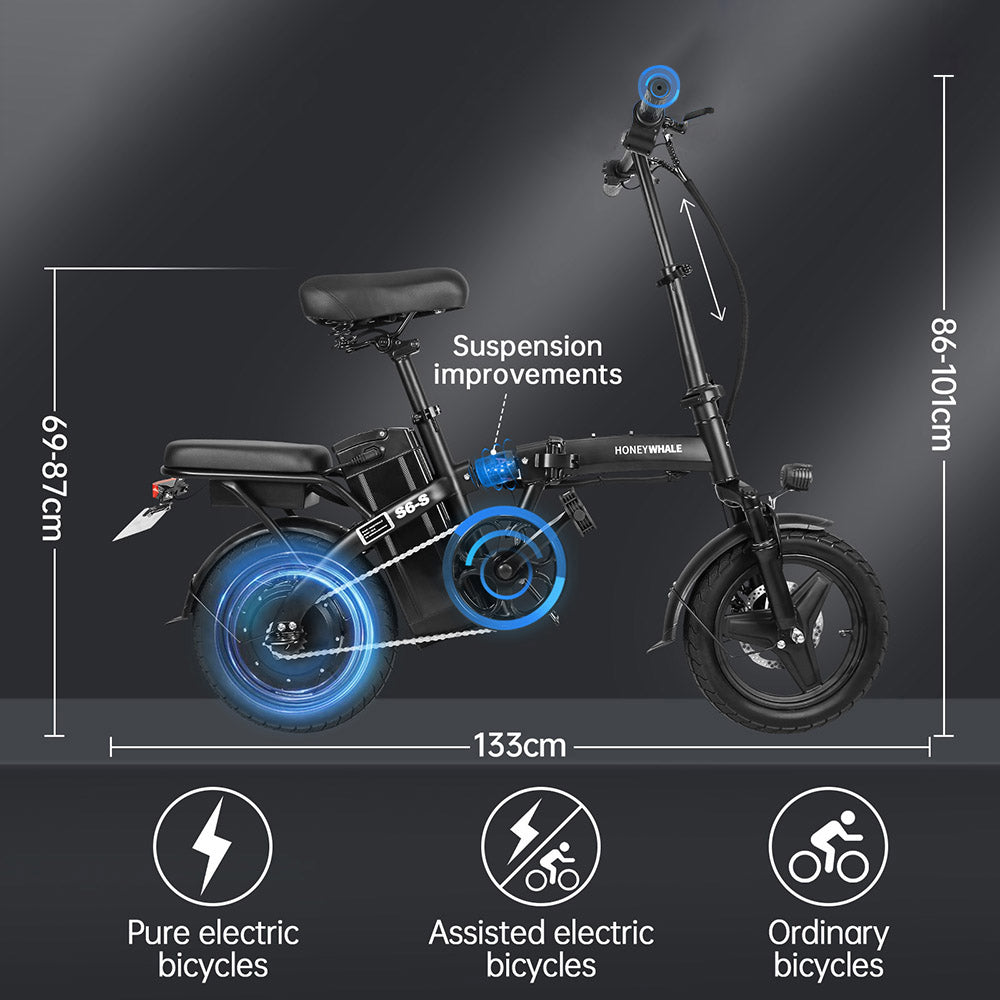 HONEYWHALE S6-S 14-Zoll-Elektrofahrrad, 350-W-Bürstenlosmotor, 48-V-10,4-Ah-Akku, 35 km/h Höchstgeschwindigkeit, Doppelscheibenbremse – Schwarz