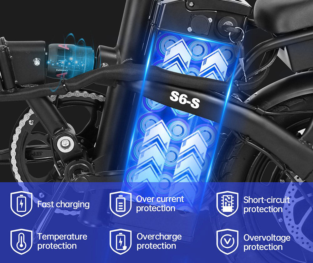 HONEYWHALE S6-S 14-Zoll-Elektrofahrrad, 350-W-Bürstenlosmotor, 48-V-10,4-Ah-Akku, 35 km/h Höchstgeschwindigkeit, Doppelscheibenbremse – Schwarz