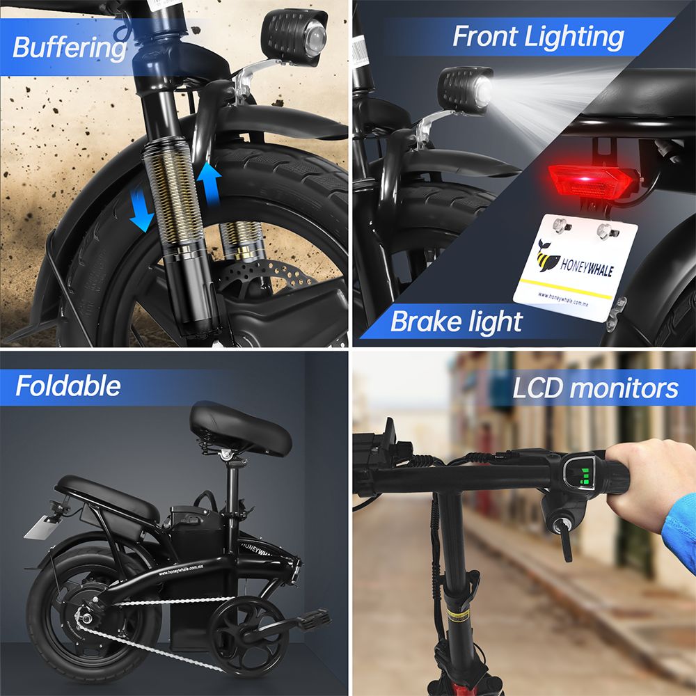 HONEYWHALE S6-S 14-Zoll-Elektrofahrrad, 350-W-Bürstenlosmotor, 48-V-10,4-Ah-Akku, 35 km/h Höchstgeschwindigkeit, Doppelscheibenbremse – Schwarz