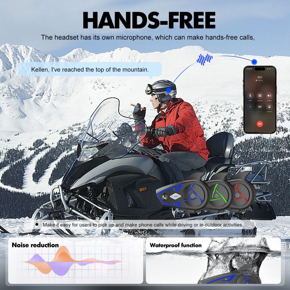 Houtonsen S3 Motorcycle Helmet Headset, 1000M Intercom, 30h Working Time, RGB Ambient Light, Bluetooth 5.1, Type-C Interface, IP67 Waterproof - 2Pcs Pack